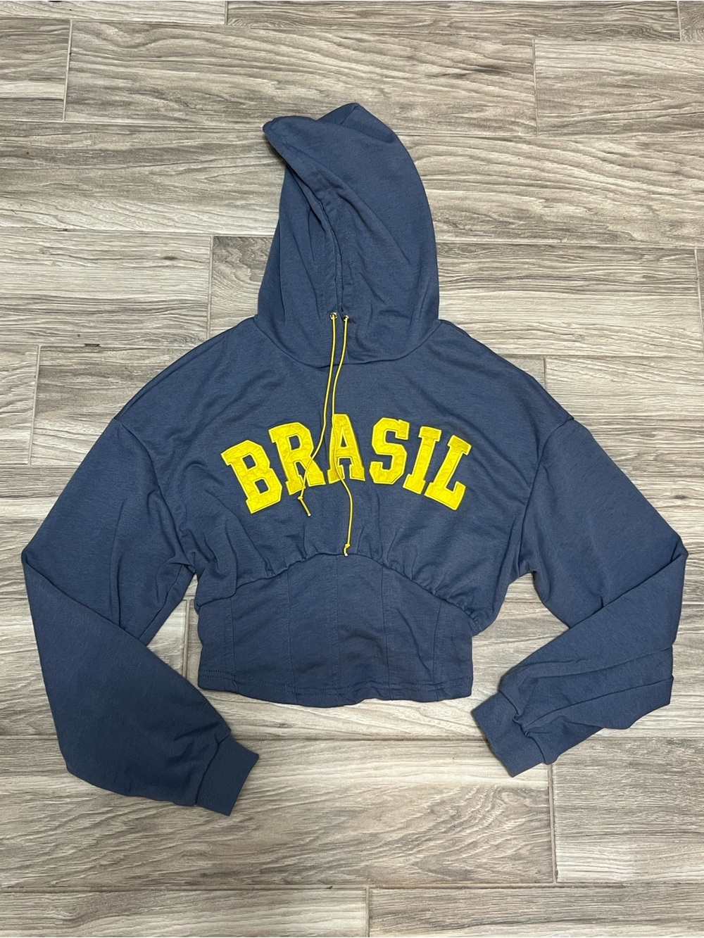 Brasil Cropped Hoodie - Navy with Yellow Lettering